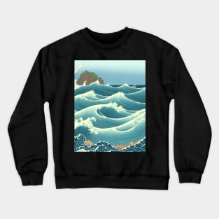 Ukiyo-e Japanese Art - Waves Crashing Against a Rocky Shoreline Crewneck Sweatshirt